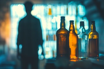 Conceptual image of empty bottles and a blurred figure in the background, depicting the isolation and blur of life caused by substance abuse