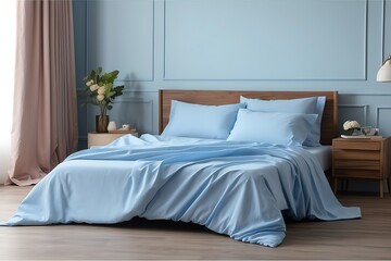 Fototapeta na wymiar Sky blue sheet on bed in the bedroom from Generative AI