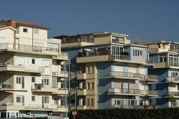 Ostia, Rome, Italy - February 18, 2024, isolated buildings on the waterfront.