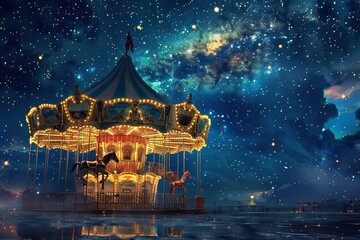A merry go round spins under the cover of darkness, its colorful lights casting a hypnotic glow on the empty playground. Generative AI - obrazy, fototapety, plakaty