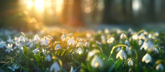 banner Field with blossom snowdrops in spring, spring concept, nature awakening - obrazy, fototapety, plakaty