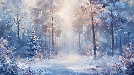 Landscape in a winter park snow falling