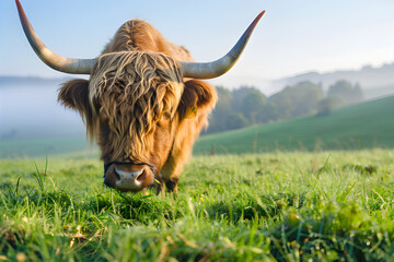 A majestic Highland cow grazes peacefully in a lush green meadow, the morning light highlighting its impressive horns and shaggy coat.
