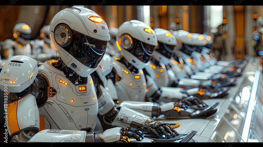 Aufkleber color photo of new computers and phones in the background, with an ai style robot in the foreground