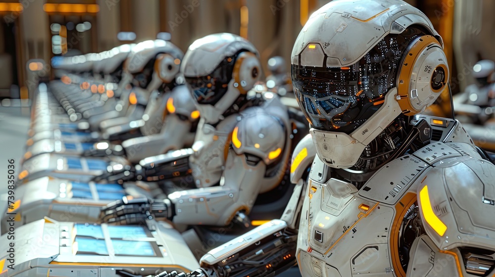 Poster color photo of new computers and phones in the background, with an ai style robot in the foreground