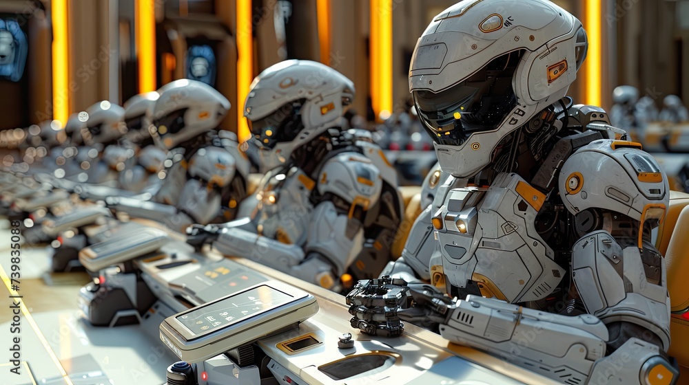 Poster color photo of new computers and phones in the background, with an ai style robot in the foreground