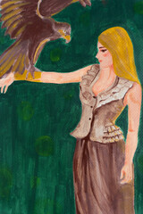 A woman in a dress with an eagle painted in acrylic color