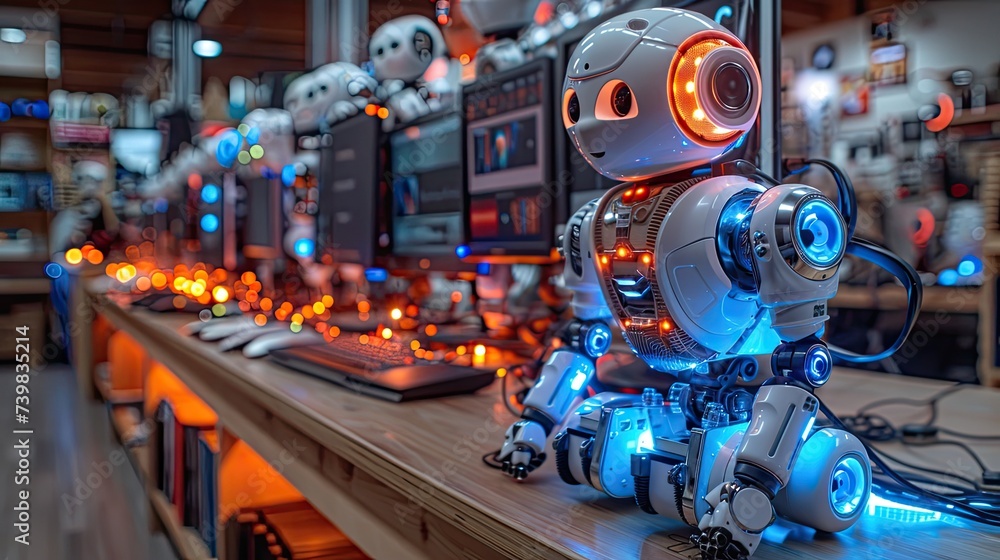Poster color photo of new computers and phones in the background, with an ai style robot in the foreground