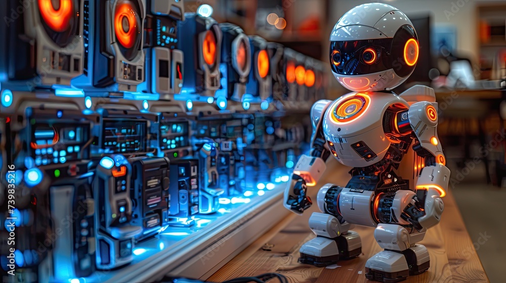 Poster color photo of new computers and phones in the background, with an ai style robot in the foreground