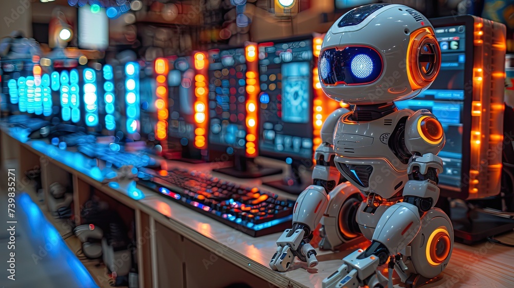 Poster color photo of new computers and phones in the background, with an ai style robot in the foreground