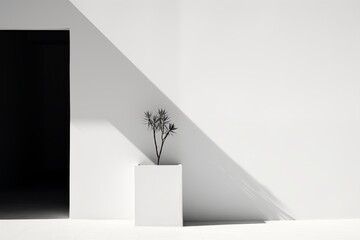 A white ceramic vase filled with a green plant, placed on a table against a neutral background. Generative AI