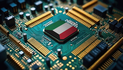 Obraz premium Kuwait flag on a processor, CPU or microchip on a motherboard. Concept for the battle of global microchips production.