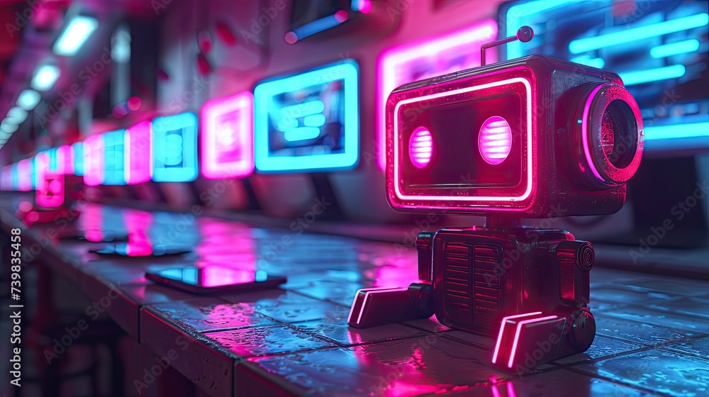 Poster color photo of new computers and phones in the background, with an ai style robot in the foreground