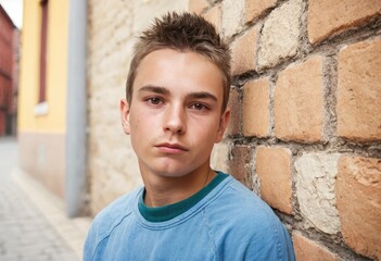 Fototapeta premium Lonely sad teenager boy against an urban old wall. Young homeless boy.