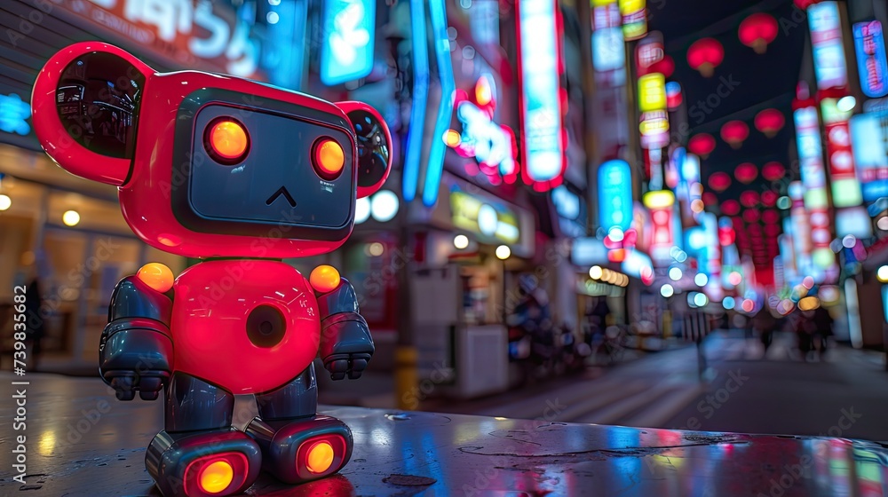 Poster color photo of new computers and phones in the background, with an ai style robot in the foreground