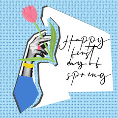 In a woman's hand is a tulip and the inscription happy first day of spring. Hand in dots pop art grunge collage. Cut paper with a flower pattern. Vector illustration for printing on postcards. Blue