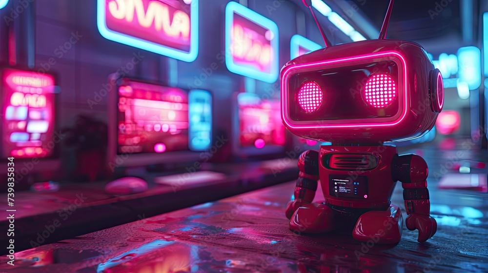 Poster color photo of new computers and phones in the background, with an ai style robot in the foreground