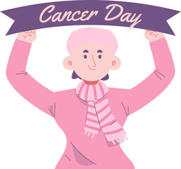 Woman Character Holding a Cancer Day Ribbon With a Raised Hand Gesture Supporting the Struggle of Cancer Sufferers, Standing Together Providing Support for the World Cancer Awareness Day Campaign
