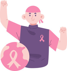 Male Character with Gesture of Raising Hand Commit Together to Fight Cancer during the World Cancer Awareness Day Campaign