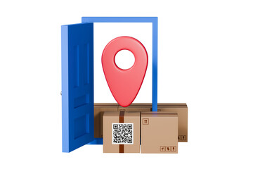 3d Parcel boxes stack on ground in front of door icon. Pin on house door icon. Order online delivery concept. Online shopping Fast delivery platform concept.isolated on white background. 3d rendering.