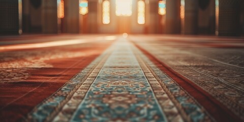 Obraz premium mosque interior illuminating by warm sunlight filtering through ornate windows on rug floor. Decorated carpet of a mosque with sunset light