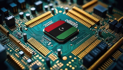 Libya flag on a processor, CPU or microchip on a motherboard. Concept for the battle of global microchips production.