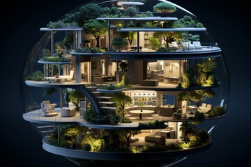 Miniature model of modern houses surrounded by trees