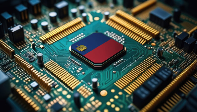 Liechtenstein flag on a processor, CPU or microchip on a motherboard. Concept for the battle of global microchips production. - Powered by Adobe