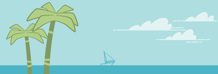 Banner with two palm trees near the sea. Illustration of a summer landscape with two palm trees on the beach. Drawing made with simple geometric shapes.