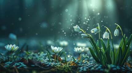 Fototapeta na wymiar banner blossom snowdrops on a clearing in the snow in spring, spring concept, nature awakening