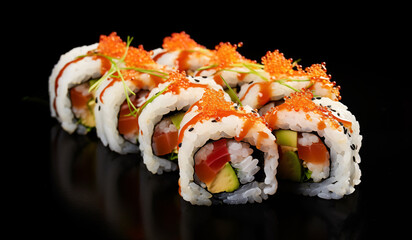set of sushi rolls on a black background close-up