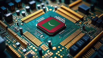 Obraz premium Maldive flag on a processor, CPU or microchip on a motherboard. Concept for the battle of global microchips production.