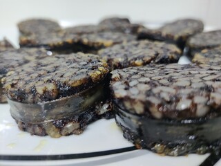 Morcilla de Burgos, comida tradicional española. Black pudding from Burgos, traditional Spanish food.