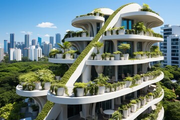 An apartment complex with greenery on every balcony, symbolizing eco-architecture.