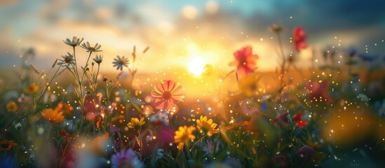 banner field with wildflowers, petals illuminated by the sun, blossom, concept spring, summer, natural background
