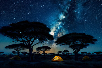 tent on the ground in safari at night under the starry sky