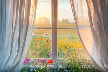 Fototapeta na wymiar window with curtains, behind which you can see a blooming field, concept nature, ecology
