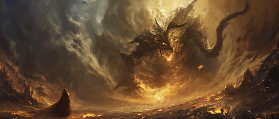 a mage with dragon shape cloud drifting over sky, fantasy scenery background wallpaper, Ai Generated - obrazy, fototapety, plakaty