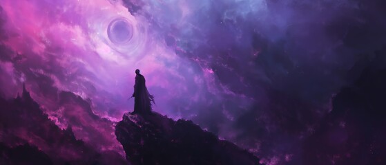 a sorcerer with magic gate opened in pink purple cloud on top of mountain peak, fantasy scenery background wallpaper, Ai Generated - obrazy, fototapety, plakaty