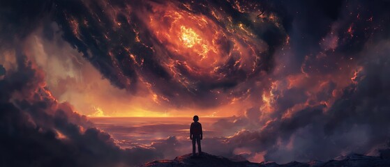 boy looking at burning cloud over ocean, fantasy scenery background wallpaper, Ai Generated - obrazy, fototapety, plakaty