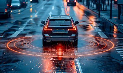 High-tech autonomous car with activated safety systems visualized by glowing lines and grids on a wet urban street, symbolizing advanced driver assistance