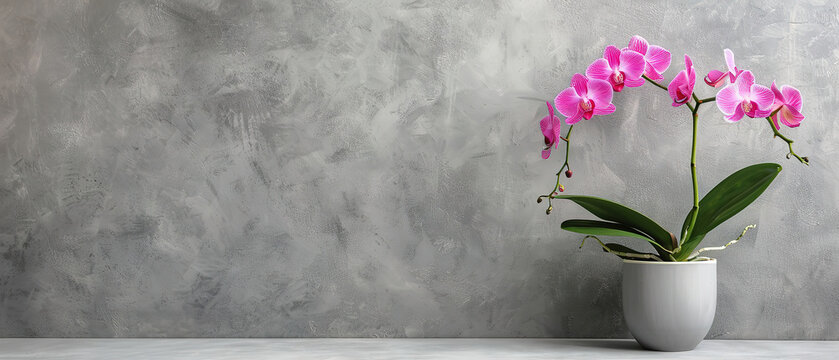 side view of an orchid in a vase on a gray background , with empty copy space