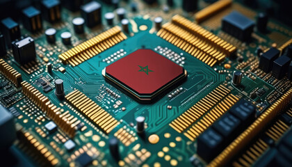 Morocco flag on a processor, CPU or microchip on a motherboard. Concept for the battle of global microchips production.
