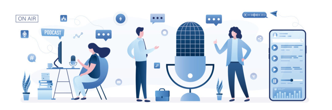 Podcast, radio, live show. Media host at workplace. Cute woman podcaster, blogger or broadcaster at workspace. Characters create media content. Online interview.