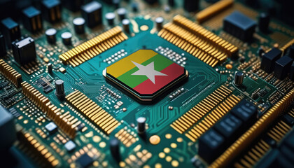 Myanmar flag on a processor, CPU or microchip on a motherboard. Concept for the battle of global microchips production.