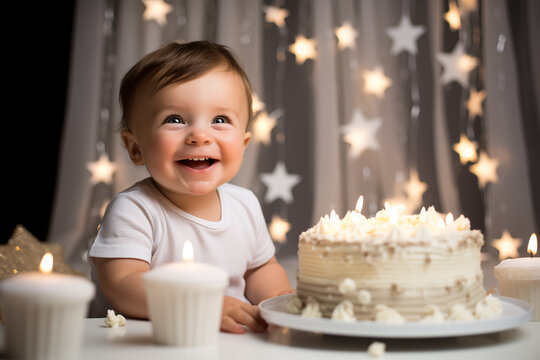 Cake Smash party. Little birthday boy with first cake. Happy infant baby celebrating first birthday. Decoration, photo zone first year. One year baby celebration