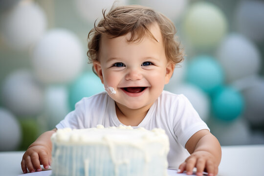 Cake Smash party. Little birthday boy with first cake. Happy infant baby celebrating first birthday. Decoration, photo zone first year. One year baby celebration