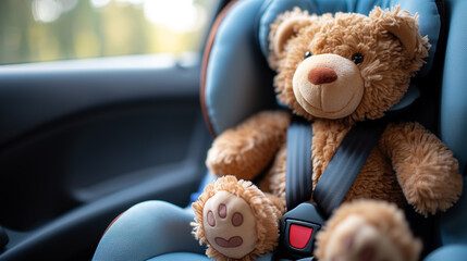 Teddy bear in a child car seat in the car