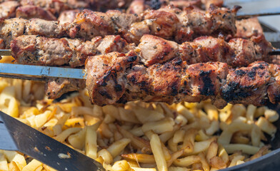 Barbecue on skewers on coals in the grill.