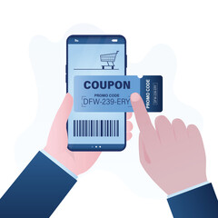 Customer hands holding mobile phone with promo code coupon. Sale, discount. Shopping process, purchase. Promotion campaign, marketing or retail concept.